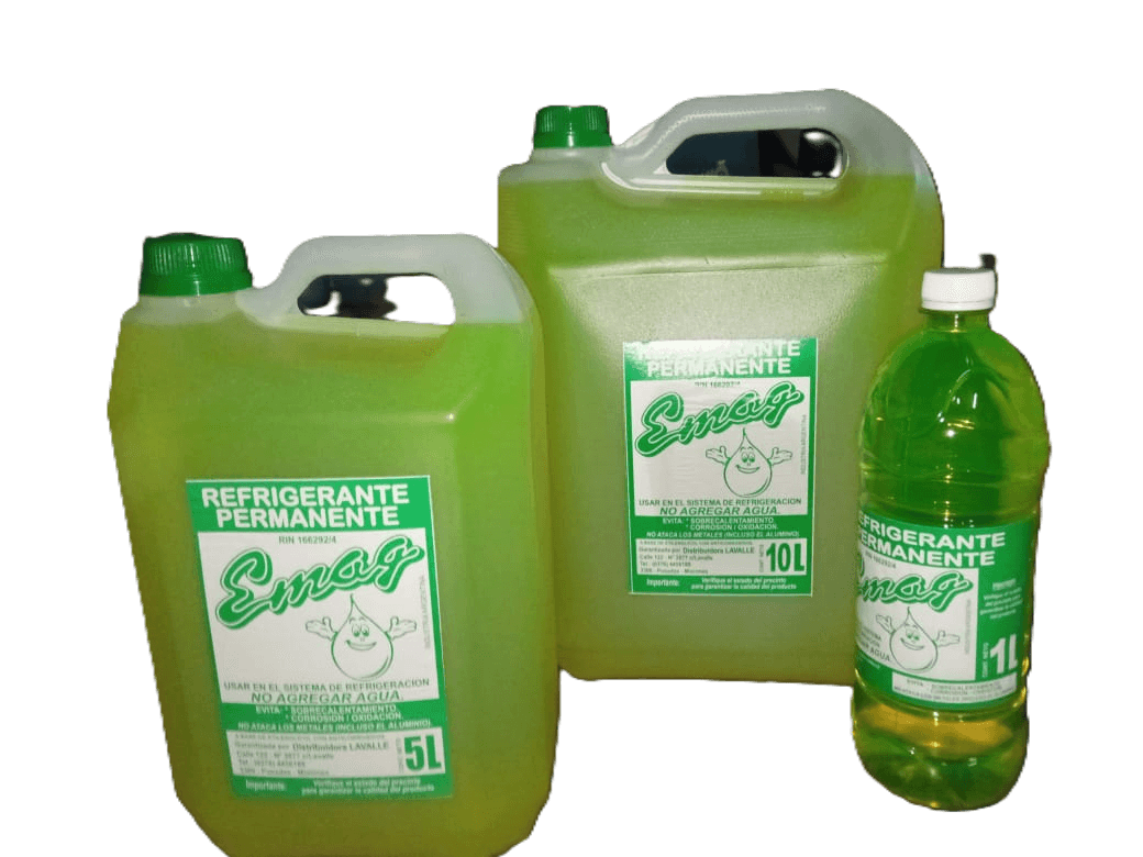 Refrigerante Verde EMAG en sus tres formatos: 1 litro, 5 litros y 10 litros